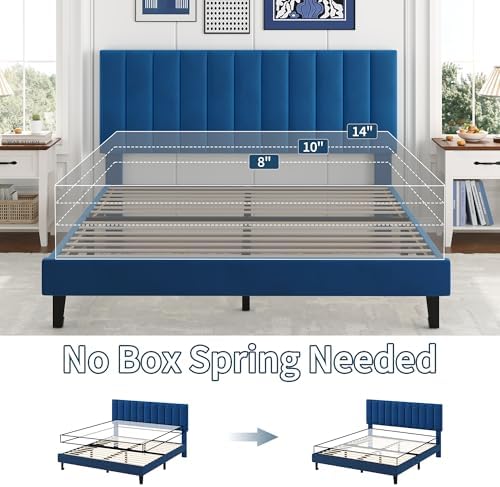 Garvee Queen Size Platform Bed Frame with Upholstered Headboard, Blue