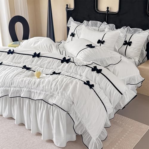 Ruffle Beddding Set with Bowtie,Girls Lace Bedding,White Queen Comforter Cover Set, Chic Ruffled Duvet Cover with Lovely Bow,Princess Style 1 Duvet Cover with 2 Pillowcases, No Comforter