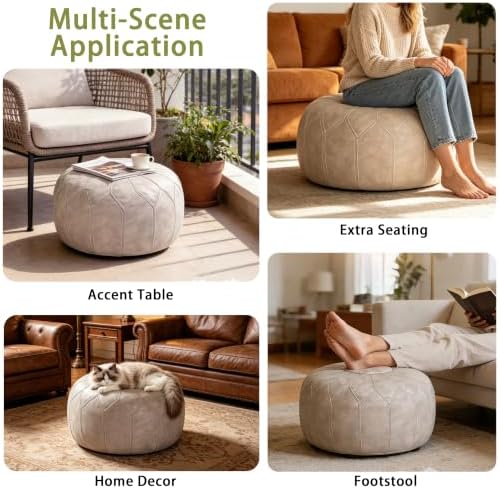 Thgonwid Round Unstuffed Pouf Cover, Faux Leather Storage Ottoman, Boho Moroccan Foot Stool, Multi-Purpose Home Decor for Living Room, Bedroom and Balcony, Mushroom Color, No Filling Included