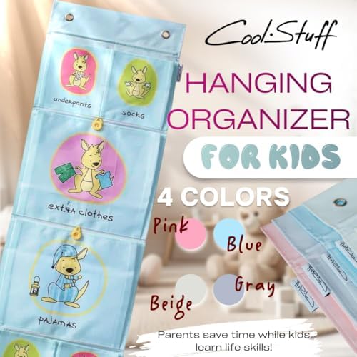 Cool-Stuff Kids Hanging Clothes Organizer – Over The Door Storage for Pajamas, Toys, Socks – Wall Mount Closet Organizer for Toddler, Preschool, Kindergarten – Water-Resistant, Blue, 44x14.5