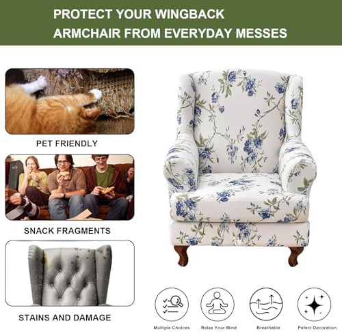 HAOYONG Wing Chair Slipcovers Elastic Printed Wingback Chair Covers 2 Pieces Wingback Armchair Slipcover Stretch Chair Slip Covers Washable Armchair Protector Cover for Living Room and Bedroom