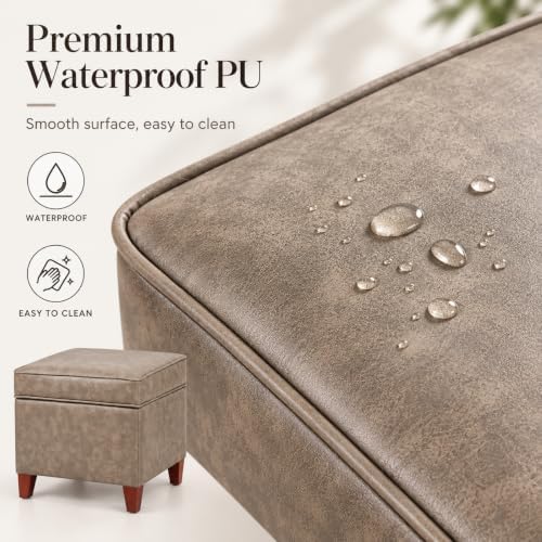 Adeco 17.5" Square Storage Ottoman, Faux Leather Flip Top Footstool & Coffee Table, Upholstered Foot Rest with Wood Legs, Small Extra Seat for Living Room & Bedroom, Coffee Brown