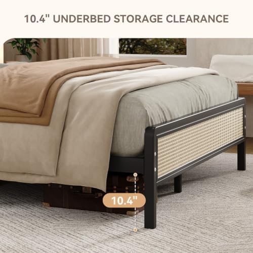 IMMERSTABLE Rattan Full Size Bed Frame with Headboard, Boho Full Metal Platform Bed Frame with Steel Slats, Under Bed Storage, Rounded Corners, No Box Spring Needed, Quiet Design, Easy Assembly, Black