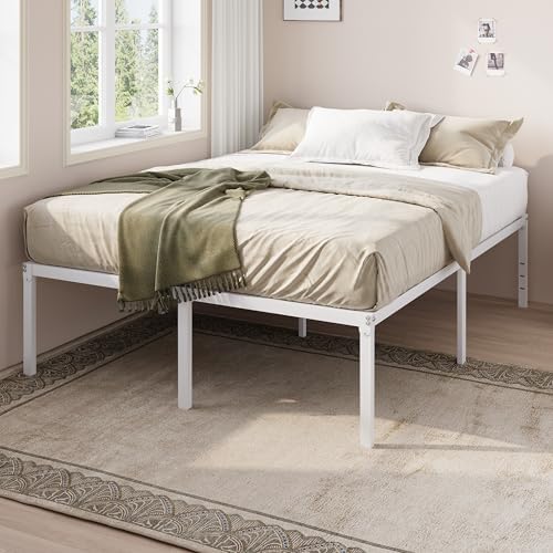 Allewie Queen Bed Frame, 18 Inch Metal Beds with Storage Space, White