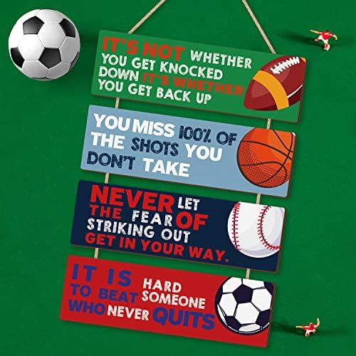 Sport Themed Wall Decor,Football Wood Sign(3.5"x12"),Inspirational Never Give Up Wooden Sign,Basketball Wood Hanging Wall Art For Boys Kids Room Playroom Nursery Decor(Modern style)