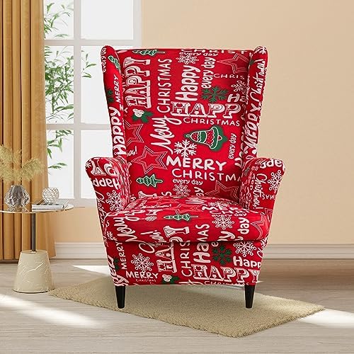 HAOYONG Christmas Stretch Wingback Chair Cover 2 Pieces Wing Chair Slipcover Printed Wingback Armhair Slipcover Wingback Washable Sofa Covers Christmas Decoration Furniture Protector for Armchair