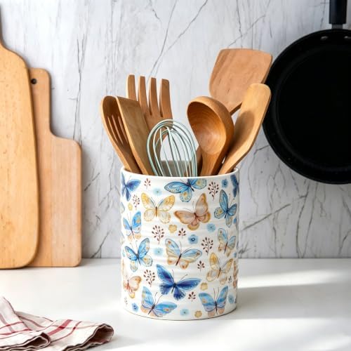 Kitchen Utensil Holder,7.2-inch Extra Large Sturdy Ceramic Floral Butterfly Pattern Utensil Crock,Cooking Utensil Organizer for Kitchen Counter Decor,Storage Caddy Farmhouse Gift Butterflies