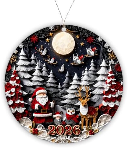 Santa Christmas Tree Ornament 2026 Capturing the Charm of a Paper Quilling–Inspired Woodland Winter Scene, Acrylic Holiday Keepsake for Scandinavian Christmas Decor