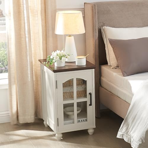 RWYHG Narrow Side Table, Farmhouse Nightstand with Charging Station