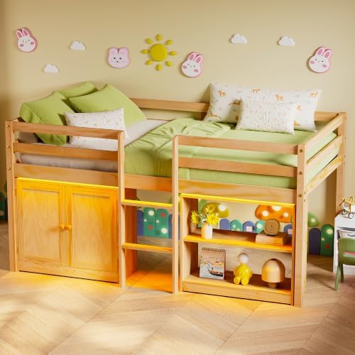 Low Loft Bed Twin Size with Storage Cabinet for Kids, Natural Wood