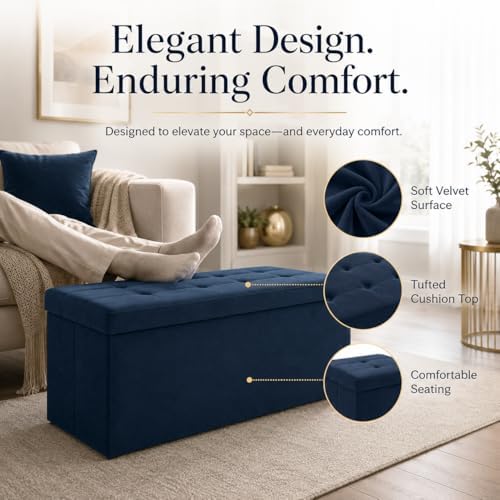 ALASDO 43 Inch Folding Storage Ottoman Bench with Hidden Storage, Velvet Storage Ottoman Foot Rest Stool, End of Bed Bench for Bedroom, Living Room, Entryway and Closet, Navy Blue