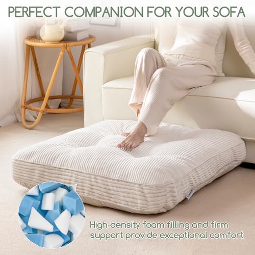 HIGOGOGO 35" Floor Pillow Cushion for Adults, Meditation Cushion Pillow, Extra Large Square Floor Sitting, Tufted Corduroy Cover for Tatami Living Room or Yoga, Beige