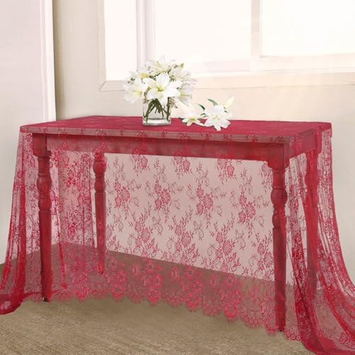 Red Lace Tablecloth Rustic Table Fabric 60x120 Inch for Wedding Christmas