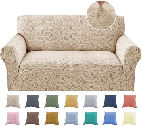 YEMYHOM 1 Piece Stretch Couch Covers for 2 Cushion Couch, Jacquard Loveseat Cover with Non-Slip Elastic Bottom, Thickened Slipcover Furniture Protector for Dogs Pets (Medium, Khaki）