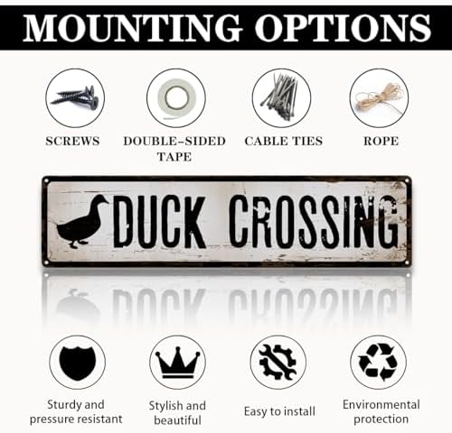 Rustic Farmhouse Metal Sign, “Duck Crossing” Vintage Tin Plaque for Yard, Ducks Coop or Garage, Outdoor & Indoor Country Wall Art, Easy to Hang, 15.8 x 4 Inch