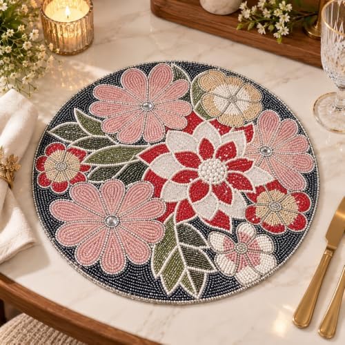 Beaded Placemats 13 Inch, Handmade Multicolor Floral Round Table Mats
