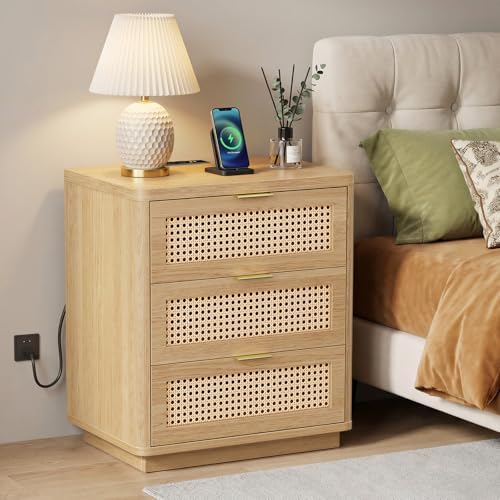 Kalrin 23" W Rattan Nightstand with 3 Drawers for Bedroom, Natural Oak