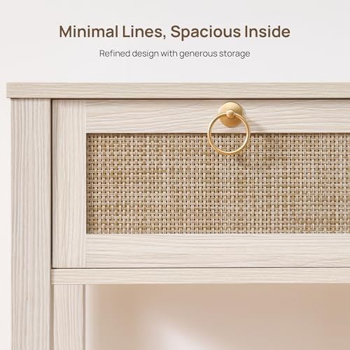 SICOTAS White Rattan Nightstand Set of 2 with Storage Shelf, Bedside Tables