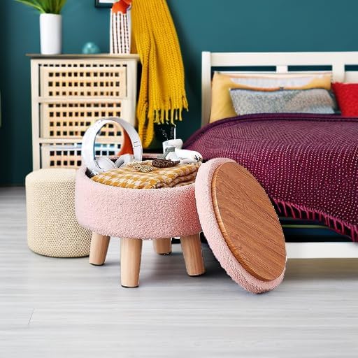 Wimarsbon Round Storage Ottoman,Footstool with Padded Seat and Wood Legs