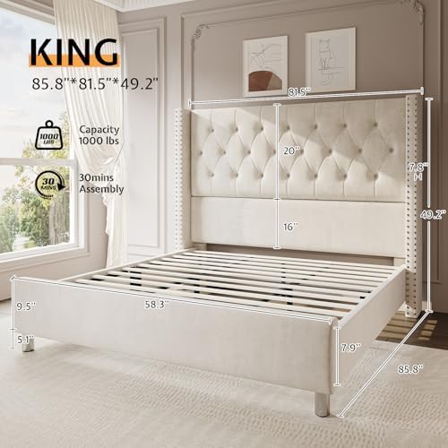 Jocisland King Size Bed Frame with Headboard, 49.2" Velvet Tufted, Cream