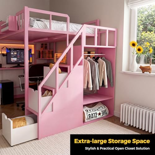 Loft Bed with Desk and Stairs, Headboard, Outlet (Pink, Twin)