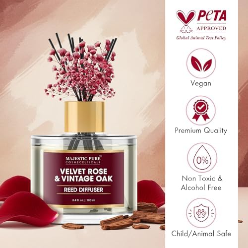Majestic Pure Velvet Rose & Vintage Oak Reed Diffuser 3.4 fl oz | Elegant Floral Woody Fragrance for Home and Office