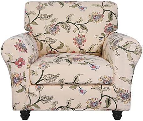 SearchI Stretch Sofa Cover Printed Couch Covers, Floral Pattern 2 Piece Armchair Slipcover with Separate Chair Cushion Cover, Washable Furniture Protector for Living Room(Armchair, Yellow+Flower)