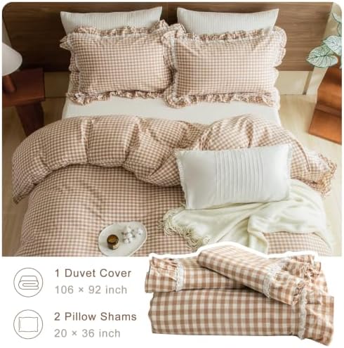 3PCs Khaki Plaid Lace Ruffled Duvet Cover Set King Size Washed Cotton Tan Gingham Shabby Vintage Boho Chic Comforter Cover Set Farmhouse Ultra Soft Bedding Quilt Cover King with Pillow Shams