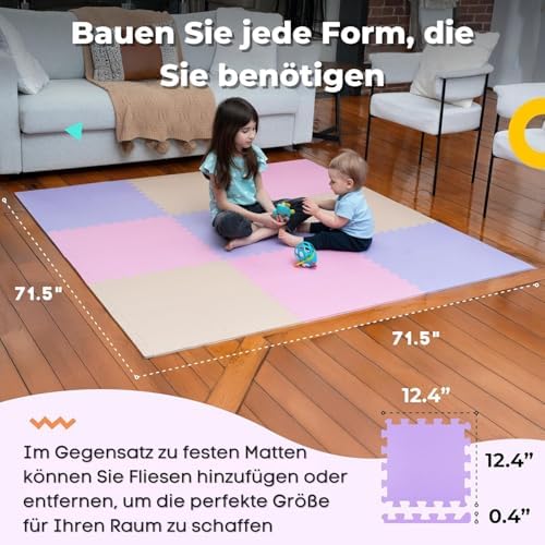 MioTetto Baby Play Mat, Soft Foam Floor Tiles for Kids. Adjustable Interlocking Foam Tiles, Fits with 74x74 Playpen Baby mat for Crawling & Development, Safe & Non-Toxic Playmat for Babies 6-12 Months