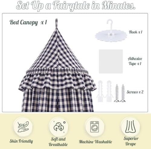 SmoothNovelty Gingham Plaid Bed Canopy, Black White, Round
