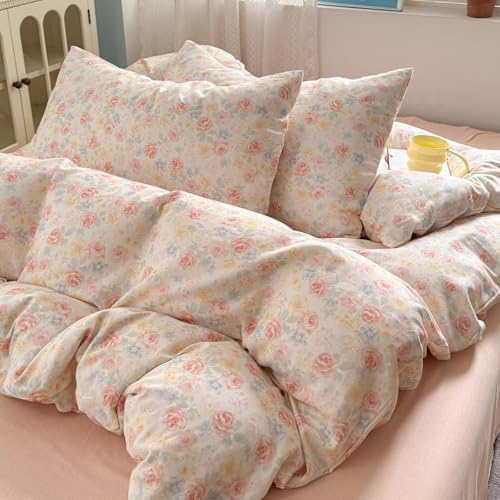 Floral Duvet Cover Set 3 Pcs,100% Cotton Double Gauze Twin Size Duvet Cover with 2 Pillowcases,Cute Orange Bedding Set for Teen Girls Women,Muslin Comforter Cover 68"×86"