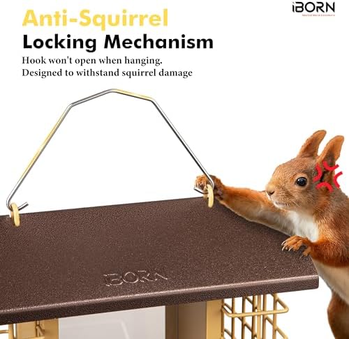 iBorn Bird Feeders for Outdoors,Bird Feeder with Double Suet Holders,Suet Feeder for Outside,Weatherproof Metal Roof,Easy to Refill&Clean,3.2 LBs Seed Capacity+2X Cake,1 Pack,Coffee Roof & Yellow Grid