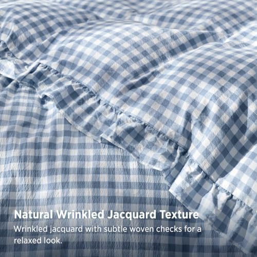 Bedsure Gingham Ruffle Duvet Cover Set, King, Cotton-Like Quilt Cover, Blue