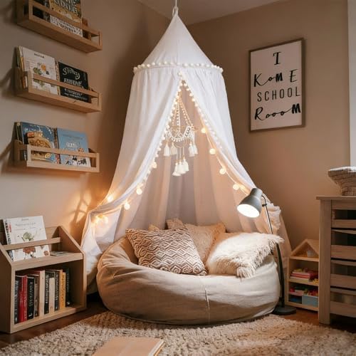 LOAOL Bed Canopy with Pom Pom Kids Reading Nook Hanging Tent (White)