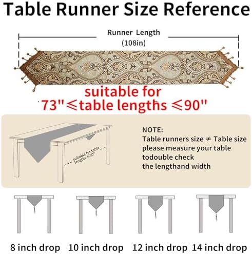 Luxury Vintage Design Table Runners 108 inches long Embroidery Jacquard Fabric with Multi-Tassels table runners for Dining Room Dresser Wedding holiday Party fireplace Decorations (Coffee, 12X108inch)