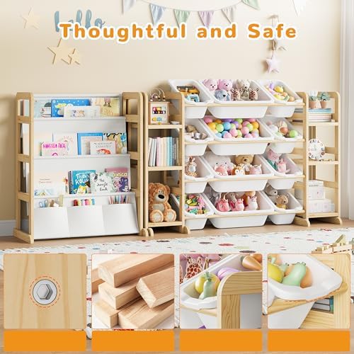 Toy Storage Organizer 12 Bins, 6 Shelves and Bookshelf for Kids, 4-in-1 Toy Organizers and Storage, Toy Book Storage for Kids, Kids Storage Organizer for Playroom, Bedroom, Nursery (Wood-Bookshelf)