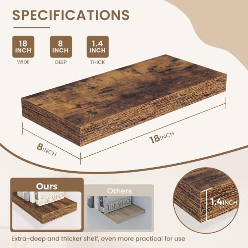Dreamland 18 in Wall Mounted Wood Floating Shelves, Rustic Brown, 2 Pack