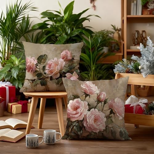 Vintage Pink Rose Floral Rectangle Pillow Throw Cover 18x18 Decor, Shabby Chic Rustic Cottagecore Decorative Throw Pillow Covers Double-Sided Set of 2