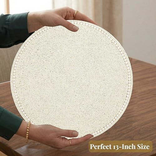 ALPHA Living HOME Beaded Placemats Set of 2 Ivory Round Handmade Table Mats