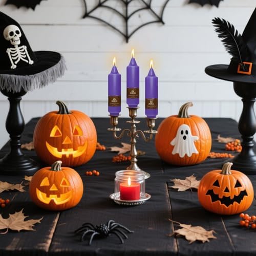 NJAO HOO Purple Advent Short Taper Candle 5 Inch Halloween Candlesticks Unscented Dripless Tapered Candle Set for Home Decor Party Dinner Candles, 4 Pack