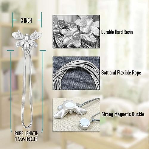 Curtain Holdbacks Set of 2, Gift, Resin Magnetic Curtain Tiebacks Silver Flying Bee Curtain Holders, Decorative Curtain Ties for Drapes, Outdoor Home Office Farmhouse, Curtain Decorative Accessories