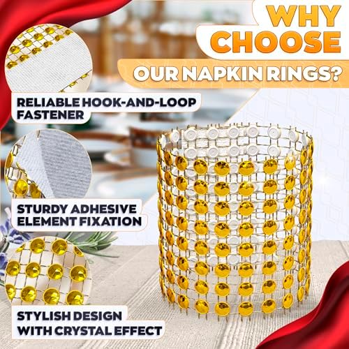 Gold Napkin Rings Bulk Set of 100, Rhinestone Holders for Weddings