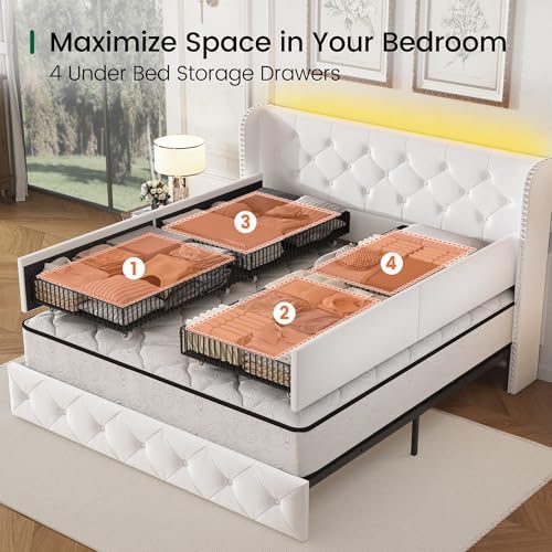 LARMACE Queen Size Bed Frame with LED Lights and 4 Storage Drawers Velvet Upholstered Platform Bed Frame with 47.2" Tall Tufted Headboard Wingback, No Box Spring Needed, Easy to Assemble, White