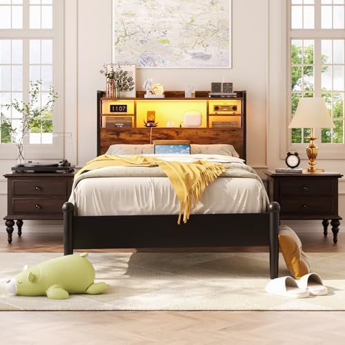 Aheaplus Headboard for Twin Size Bed with Storage and Outlets, Rustic Brown
