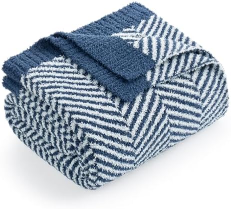 Snuggle Sac Herringbone Throw Blanket for Couch, Reversible Super Soft Warm Chervon Blankets, Cozy Knit Fuzzy Plush Lightweight Stripe Throws for Sofa, Bed, Camping, Navy, 50x60 inches