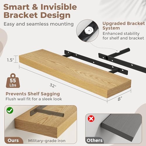 32 Inch Floating Shelves for Wall, 8"D Wood Storage Shelves, Oak Finish
