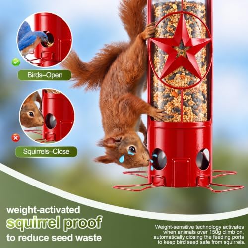 Squirrel Proof Bird Feeders for Outdoors with Weight-Activated, 3LB Large Metal Wild Bird Feeders for Cardinals,Blue Jay,Finch, Weatherproof Durable Tube Hanging Bird Feeder for Backyard,Garden,Patio