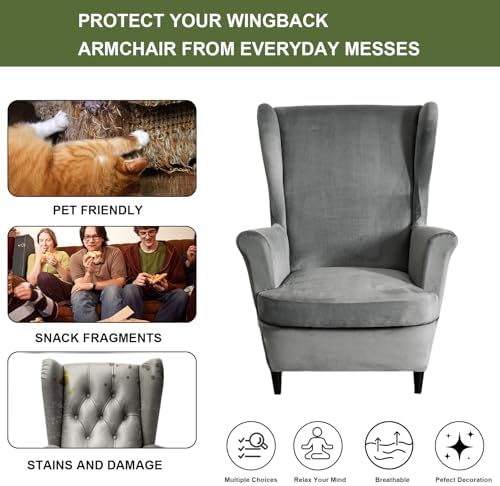HAOYONG Velvet Wingback Armchair Covers 2-Piece Elastic Stretch Wingback Chair Sofa Slipcover Soft Wingback Chair Slipcover Washable Armchair Protector Cover for Living Room Wedding and Party