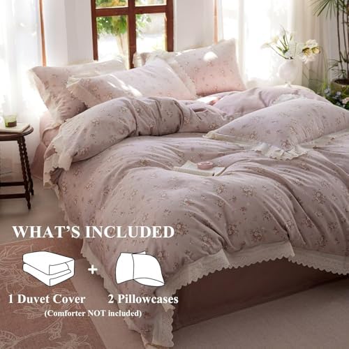 Muslin Floral Duvet Cover Full Size with 2 Pillowcases,Shabby Chic