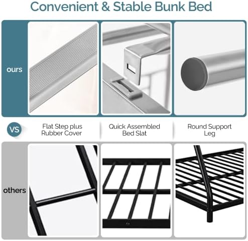 VINGLI 71 Inches Tall Loft Bed Twin Size with Flat Ladder Rung for Kids Teens Adults Heavy Duty Metal Single Bunk Bed Loft with Safety Guard Rails for Small Space, Gray